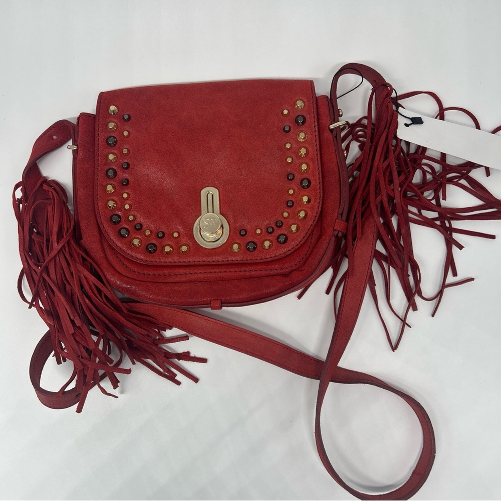 Stuart Weitzman Red Leather Saddle Crossbody Bag Boho with Fringe and Studs